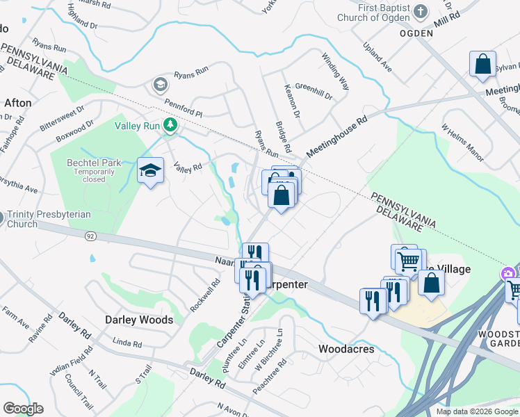 map of restaurants, bars, coffee shops, grocery stores, and more near 1 Rockland Court in Wilmington