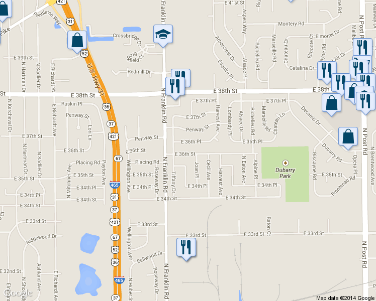 map of restaurants, bars, coffee shops, grocery stores, and more near 8108 East 36th Street in Indianapolis