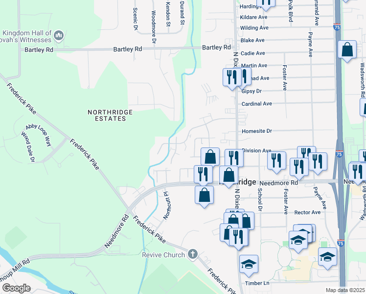 map of restaurants, bars, coffee shops, grocery stores, and more near 2021 Palisades Drive in Dayton