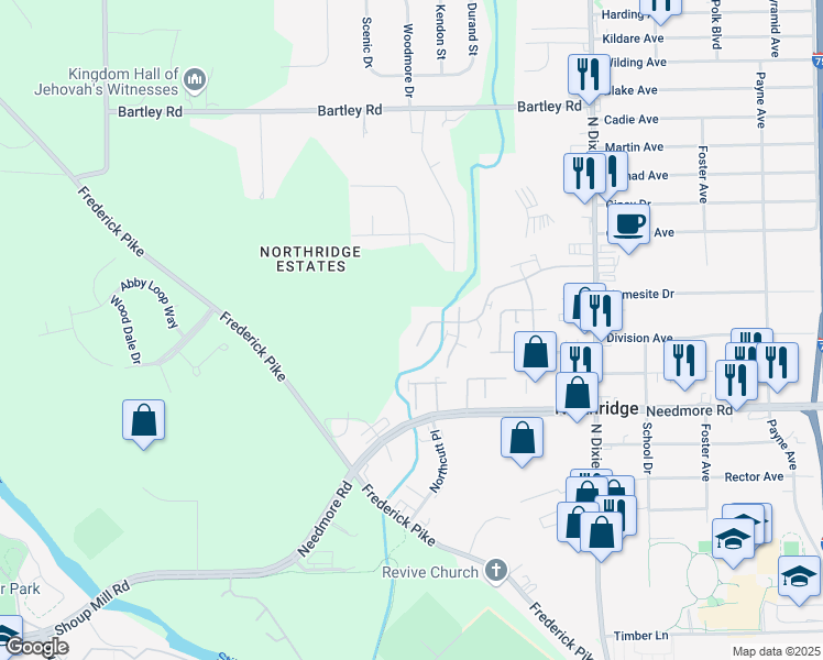 map of restaurants, bars, coffee shops, grocery stores, and more near 1842 Palisades Drive in Dayton