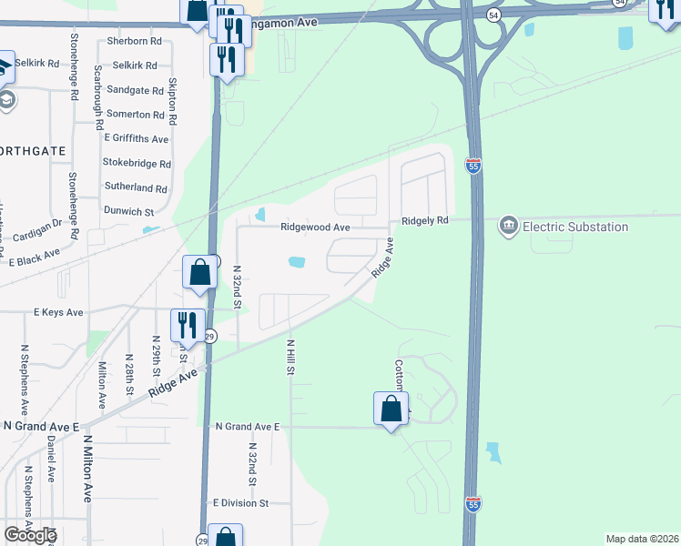 map of restaurants, bars, coffee shops, grocery stores, and more near Pembroke Drive in Springfield