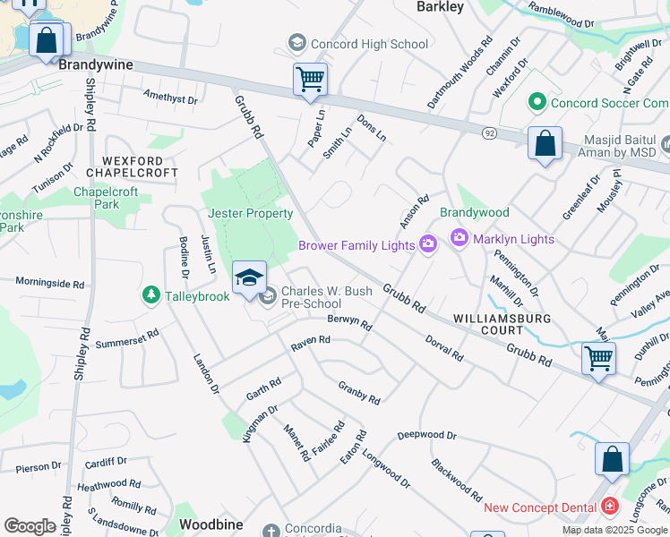 map of restaurants, bars, coffee shops, grocery stores, and more near 2515 Bona Road in Wilmington