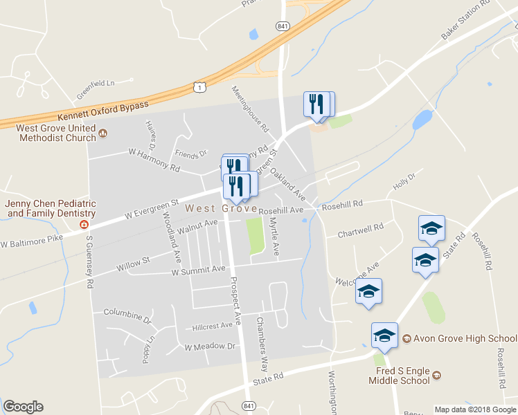 map of restaurants, bars, coffee shops, grocery stores, and more near 139 Rosehill Avenue in West Grove
