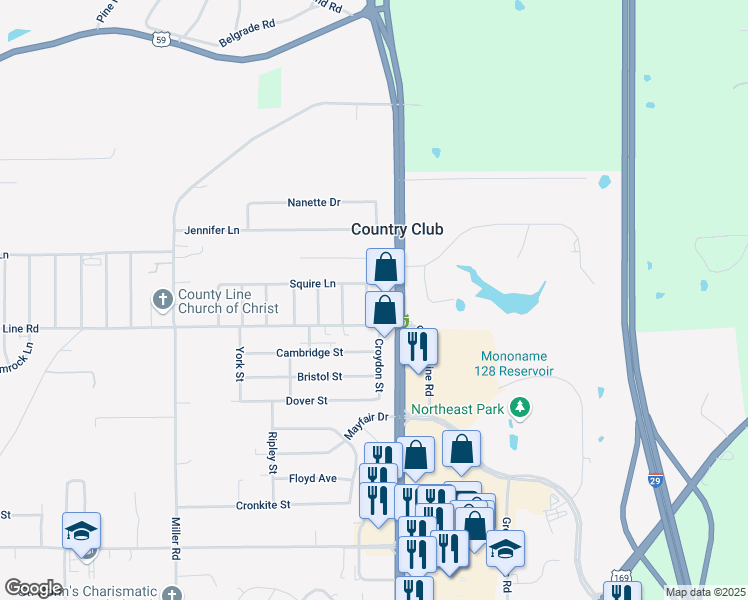 map of restaurants, bars, coffee shops, grocery stores, and more near 6111-61 Pinto Lane in Country Club
