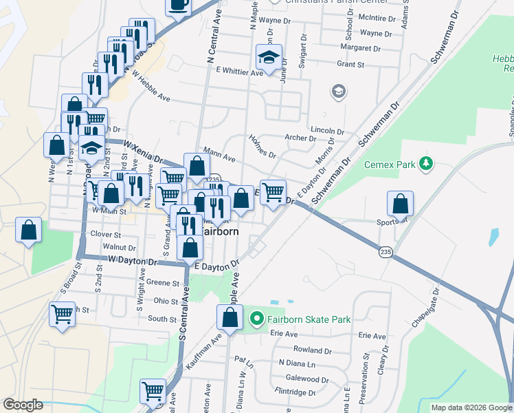 map of restaurants, bars, coffee shops, grocery stores, and more near 24 Elm Avenue in Fairborn