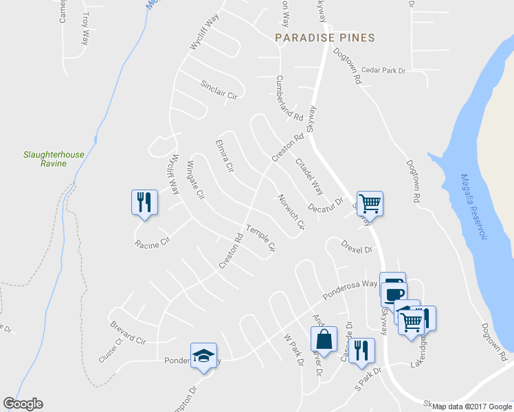 map of restaurants, bars, coffee shops, grocery stores, and more near 14092 Norwich Circle in Magalia