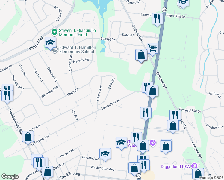 map of restaurants, bars, coffee shops, grocery stores, and more near 59 Penn Road in Voorhees Township