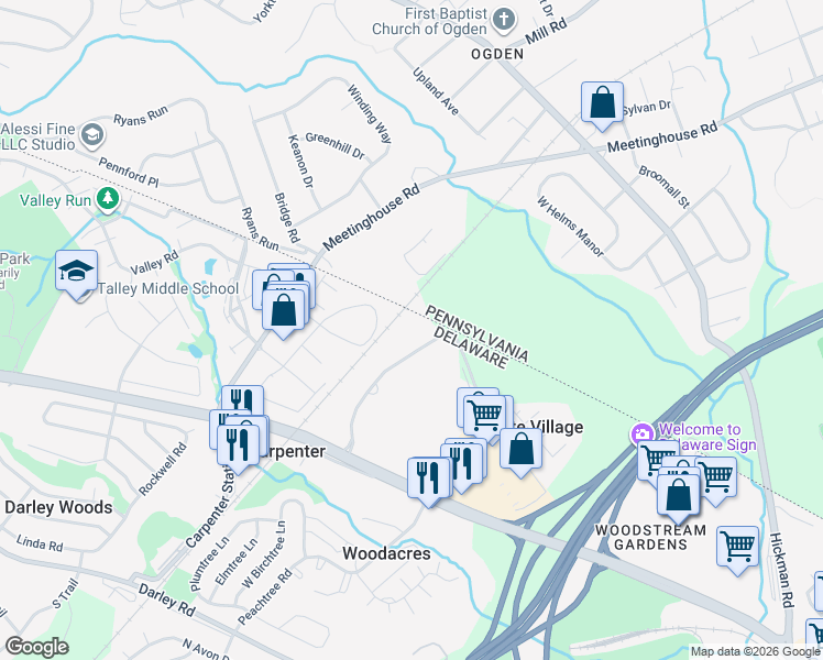 map of restaurants, bars, coffee shops, grocery stores, and more near 4039 Society Drive in Claymont