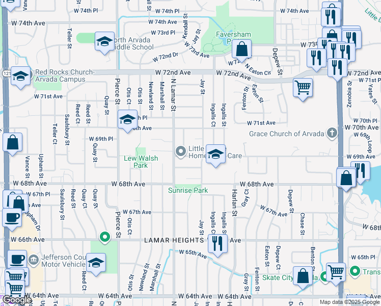 map of restaurants, bars, coffee shops, grocery stores, and more near 6249 West 69th Avenue in Arvada