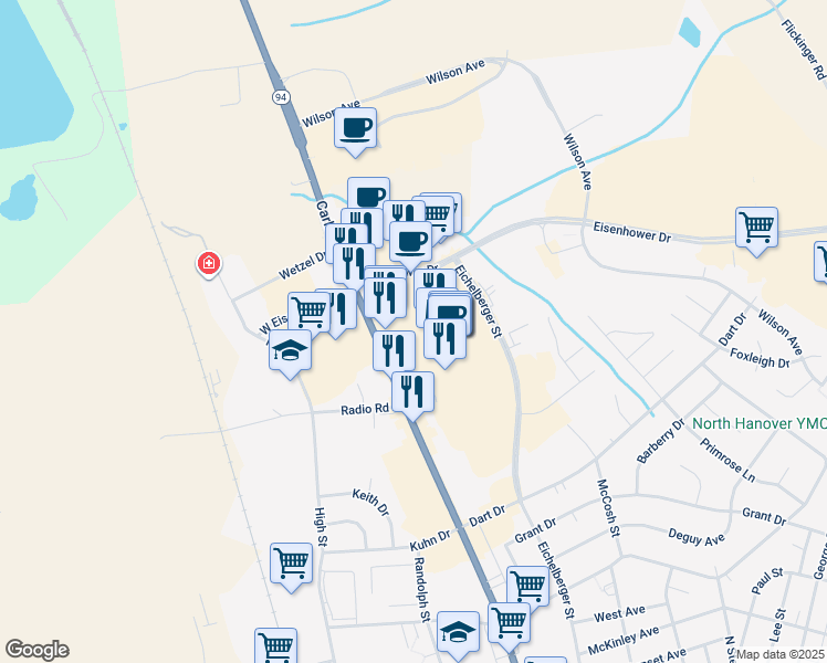 map of restaurants, bars, coffee shops, grocery stores, and more near 1155 Carlisle Street in Hanover