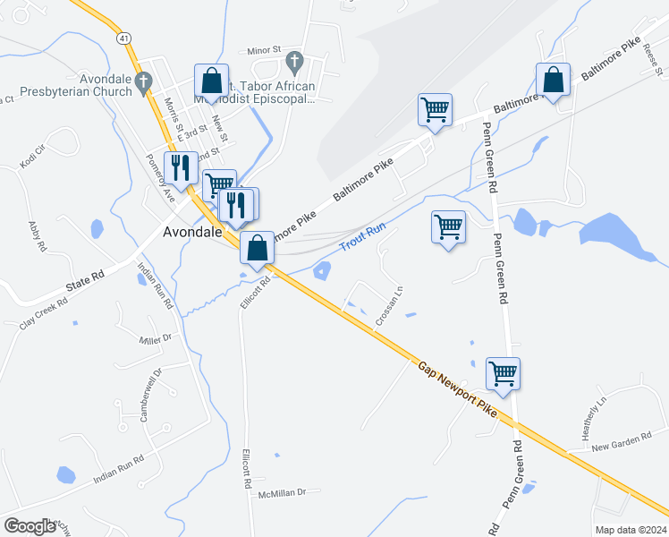 map of restaurants, bars, coffee shops, grocery stores, and more near 31 Gap Newport Pike in Avondale