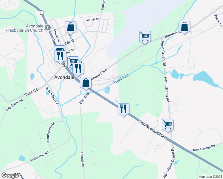 map of restaurants, bars, coffee shops, grocery stores, and more near 31 Gap Newport Pike in Avondale
