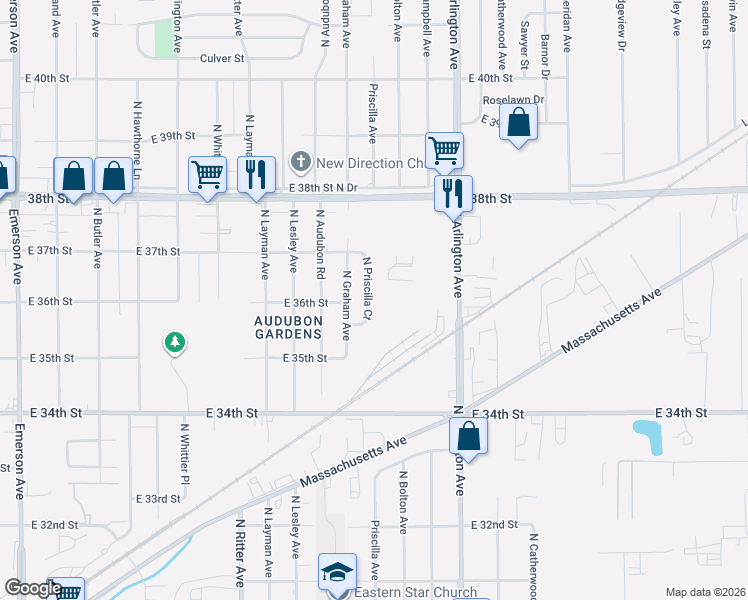 map of restaurants, bars, coffee shops, grocery stores, and more near 3601 North Priscilla Court in Indianapolis