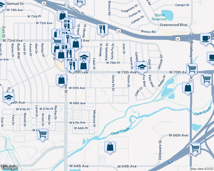 map of restaurants, bars, coffee shops, grocery stores, and more near 1091 West 69th Avenue in Denver