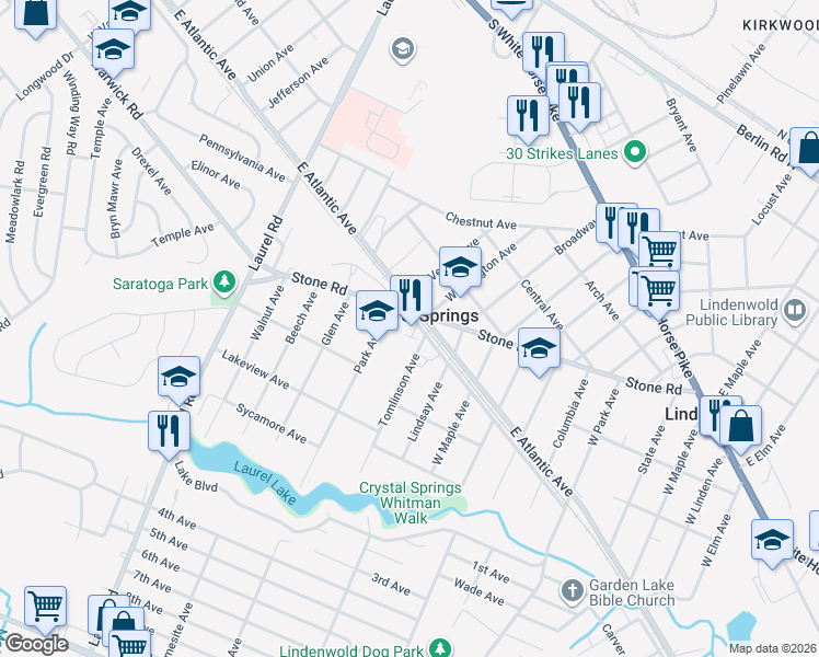 map of restaurants, bars, coffee shops, grocery stores, and more near 811 West Atlantic Avenue in Laurel Springs