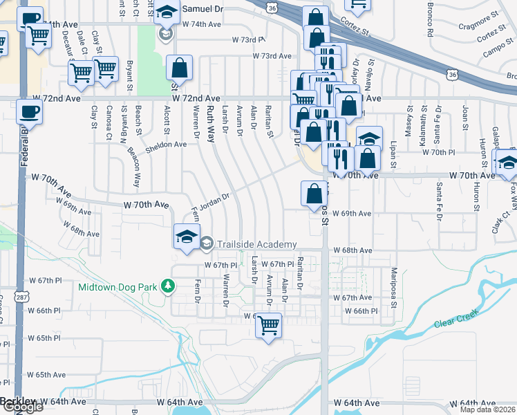 map of restaurants, bars, coffee shops, grocery stores, and more near 6896 Larsh Drive in Denver