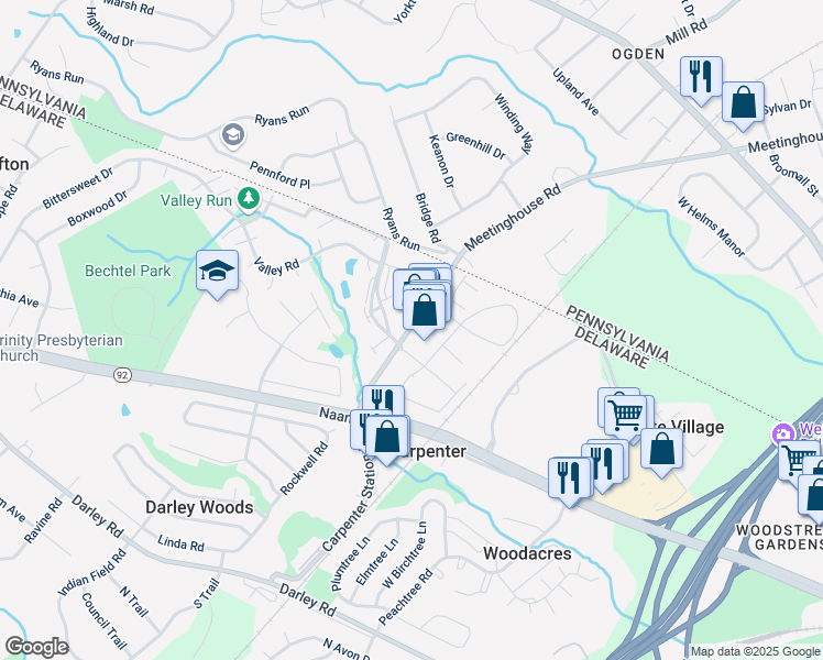 map of restaurants, bars, coffee shops, grocery stores, and more near 52 Carpenter Station Road in Wilmington