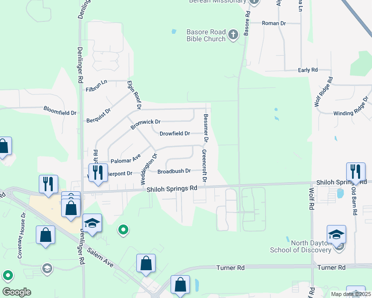 map of restaurants, bars, coffee shops, grocery stores, and more near 5323 Greencroft Drive in Dayton