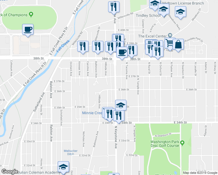 map of restaurants, bars, coffee shops, grocery stores, and more near 2324 East 36th Street in Indianapolis