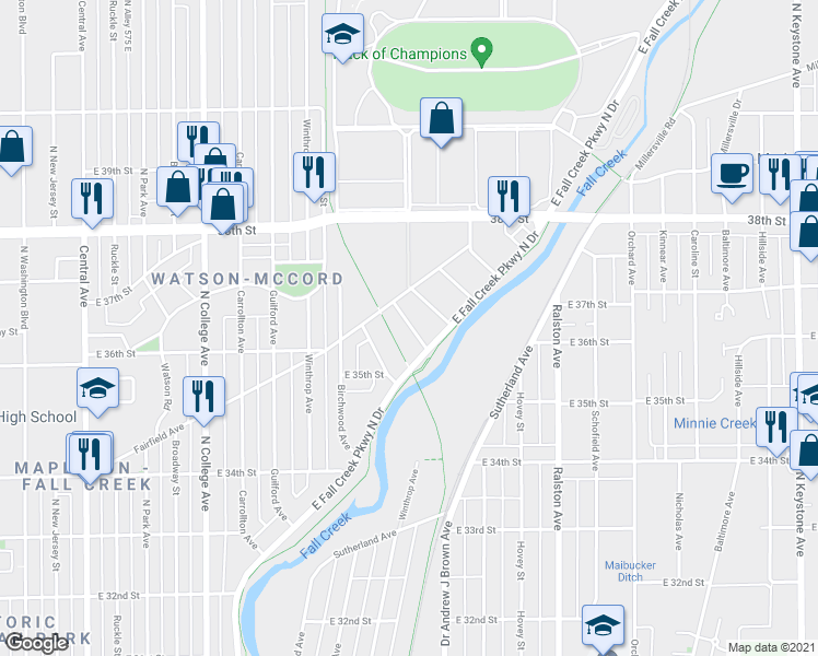 map of restaurants, bars, coffee shops, grocery stores, and more near 3540 Balsam Avenue in Indianapolis