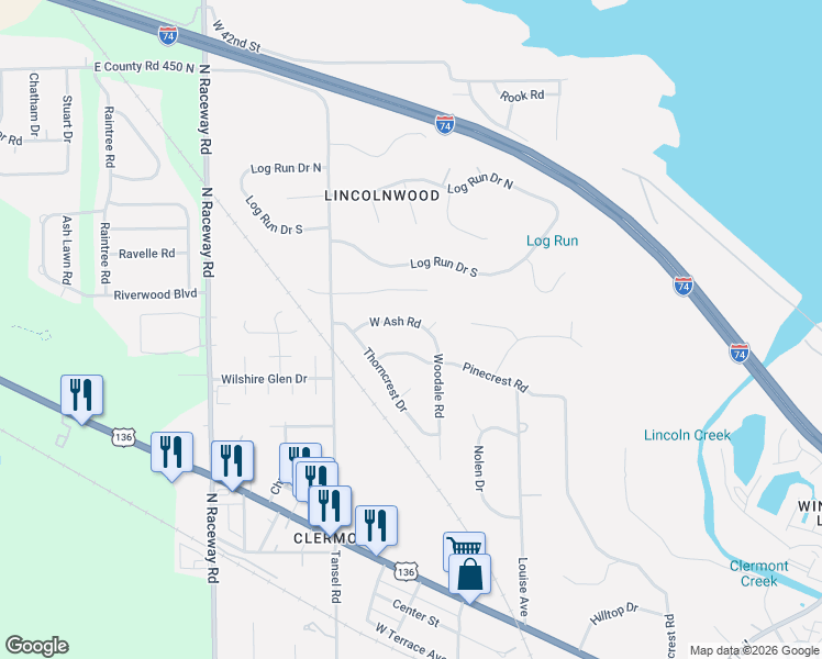 map of restaurants, bars, coffee shops, grocery stores, and more near 8835 West Ash Road in Indianapolis