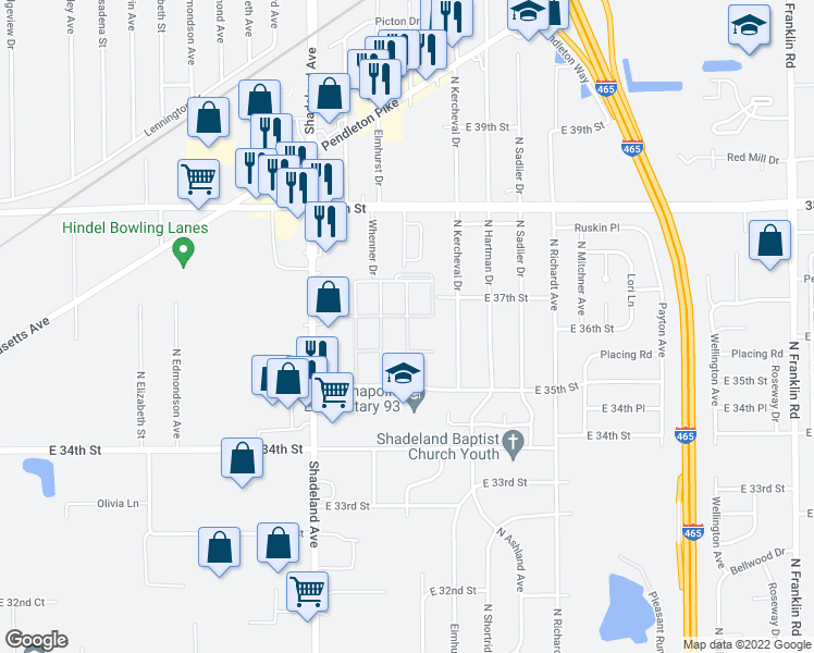 map of restaurants, bars, coffee shops, grocery stores, and more near 7171 Twin Oaks Drive in Indianapolis