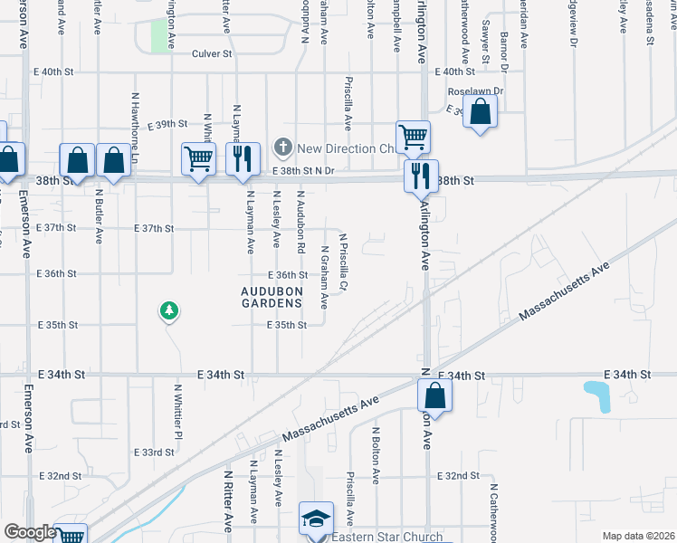 map of restaurants, bars, coffee shops, grocery stores, and more near 3601 North Priscilla Court in Indianapolis