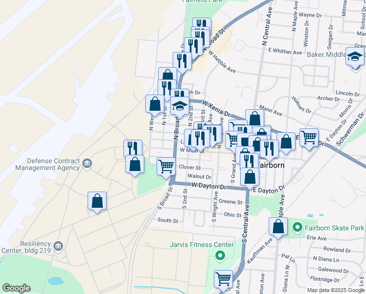 map of restaurants, bars, coffee shops, grocery stores, and more near 519 West Main Street in Fairborn