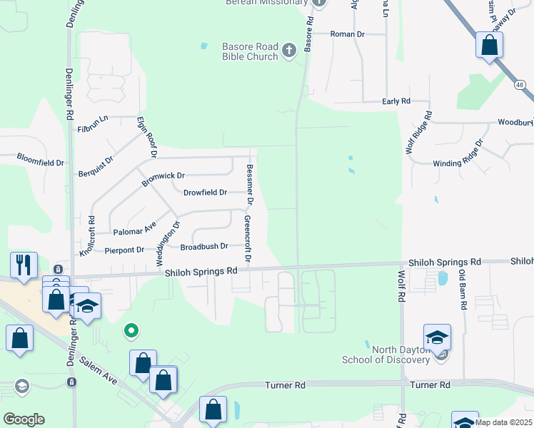 map of restaurants, bars, coffee shops, grocery stores, and more near 5177 Basore Road in Dayton