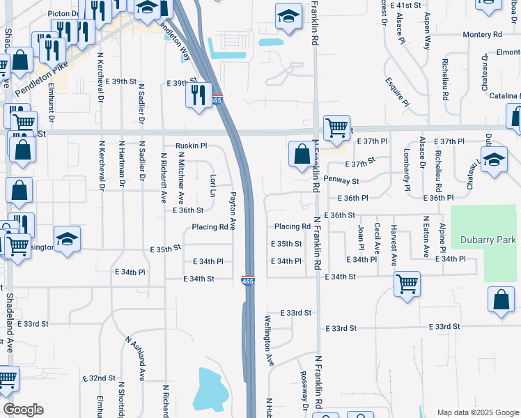 map of restaurants, bars, coffee shops, grocery stores, and more near 3602 Wellington Avenue in Indianapolis