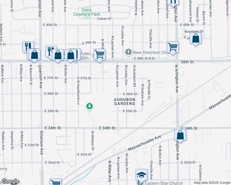 map of restaurants, bars, coffee shops, grocery stores, and more near 36th North Layman Avenue in Indianapolis