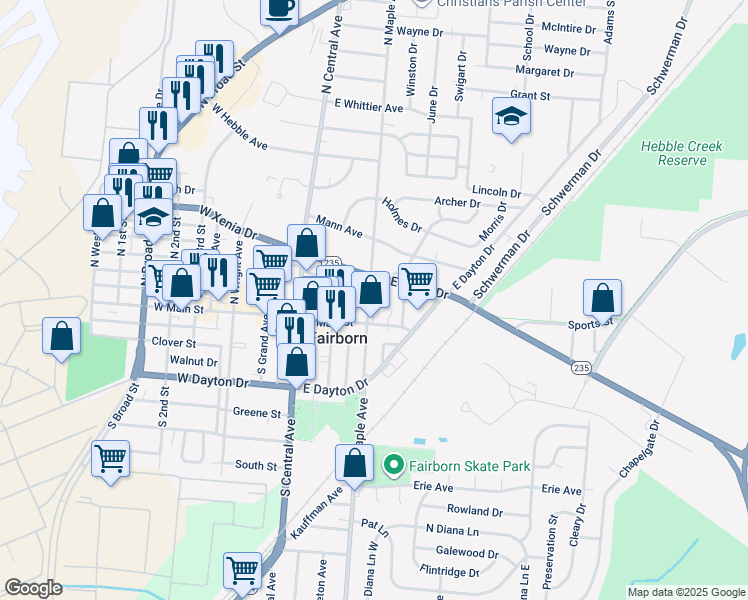 map of restaurants, bars, coffee shops, grocery stores, and more near 24 North Maple Avenue in Fairborn
