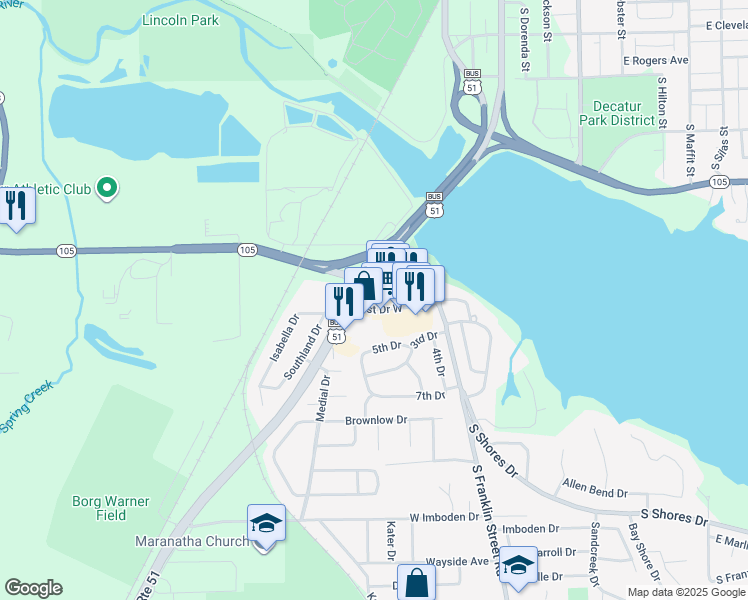 map of restaurants, bars, coffee shops, grocery stores, and more near 420 1st Drive West in Decatur