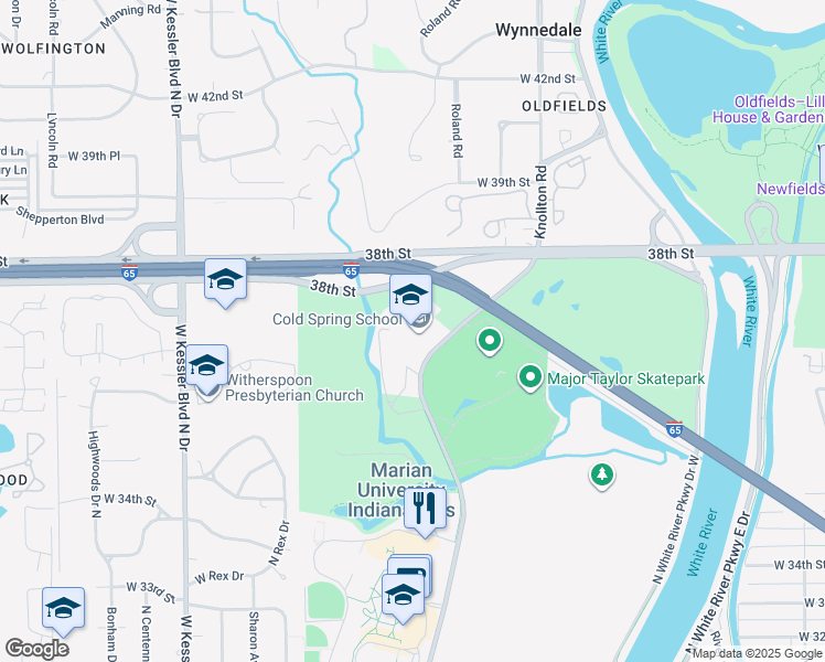 map of restaurants, bars, coffee shops, grocery stores, and more near 3650 Cold Spring Road in Indianapolis