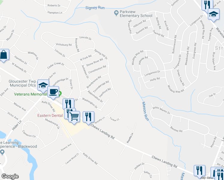 map of restaurants, bars, coffee shops, grocery stores, and more near 15 Hartford Road in Laurel Springs