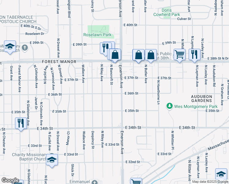 map of restaurants, bars, coffee shops, grocery stores, and more near 5036 East 36th Street in Indianapolis