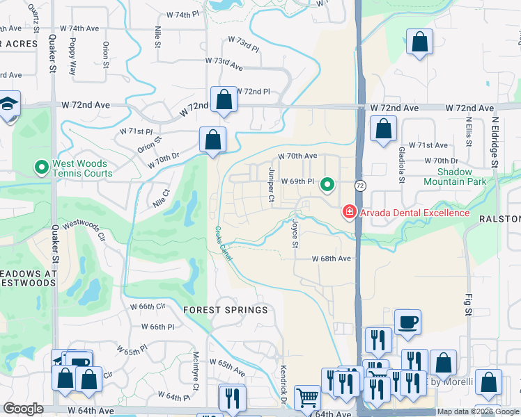 map of restaurants, bars, coffee shops, grocery stores, and more near 15077 West 68th Place in Arvada