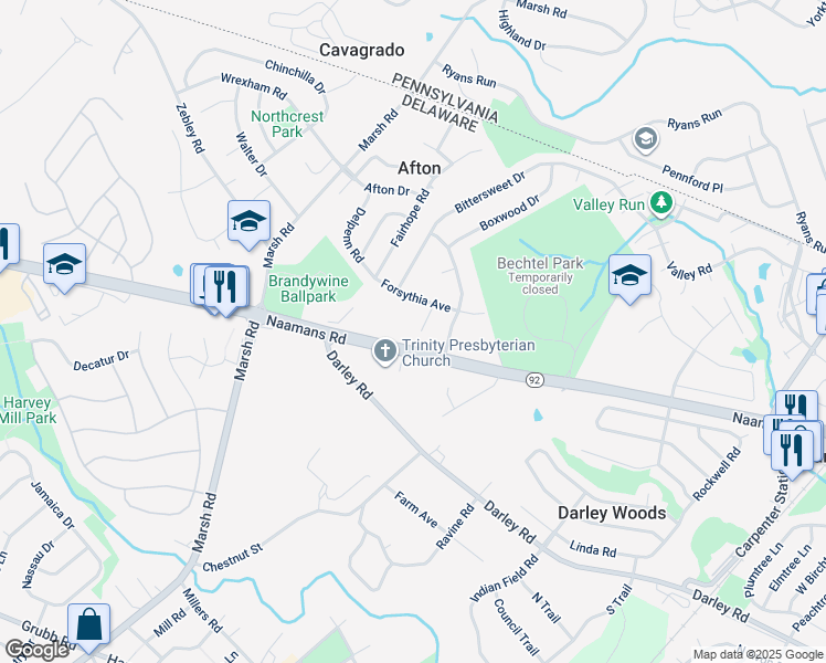 map of restaurants, bars, coffee shops, grocery stores, and more near 8 Magnolia Court in Wilmington