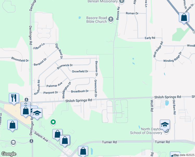 map of restaurants, bars, coffee shops, grocery stores, and more near 5177 Basore Road in Dayton