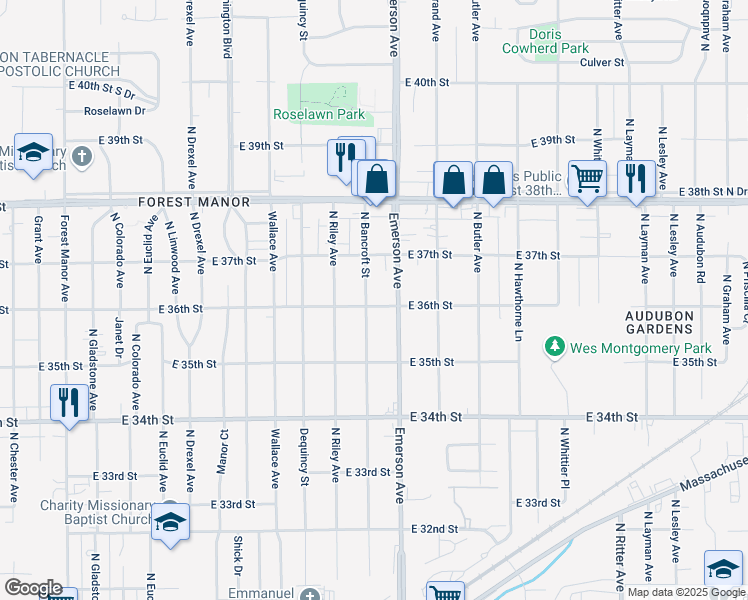 map of restaurants, bars, coffee shops, grocery stores, and more near 5036 East 36th Street in Indianapolis