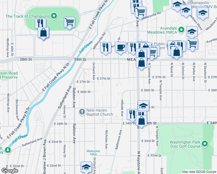 map of restaurants, bars, coffee shops, grocery stores, and more near 3609 Caroline Street in Indianapolis