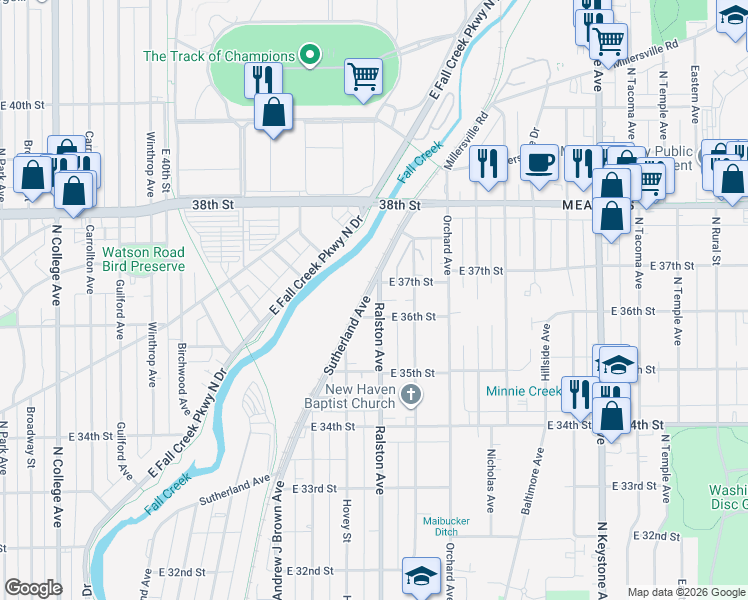 map of restaurants, bars, coffee shops, grocery stores, and more near 3610 Ralston Avenue in Indianapolis