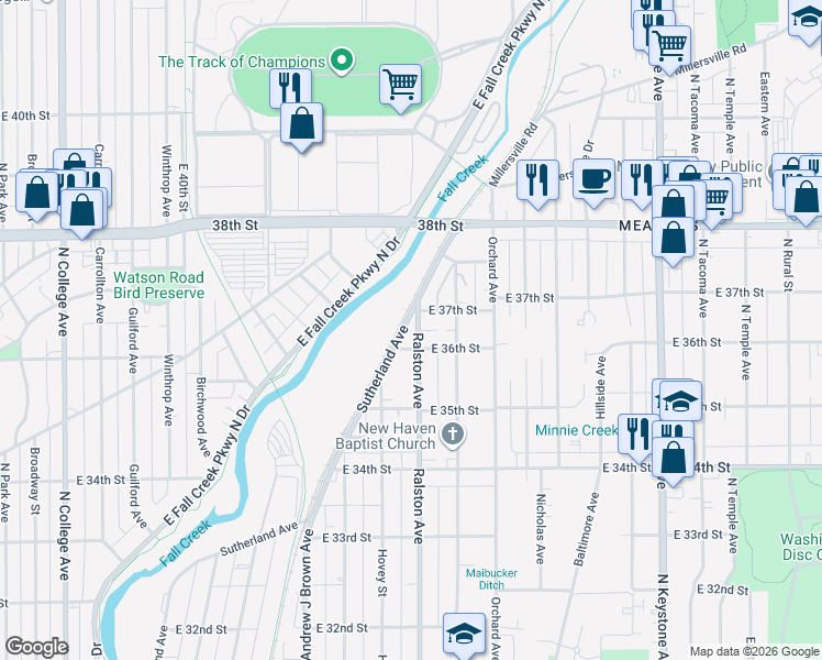 map of restaurants, bars, coffee shops, grocery stores, and more near 3610 Ralston Avenue in Indianapolis