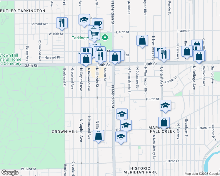 map of restaurants, bars, coffee shops, grocery stores, and more near 3635 North Meridian Street in Indianapolis