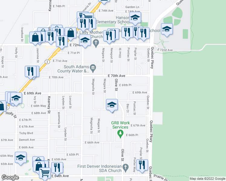 map of restaurants, bars, coffee shops, grocery stores, and more near 6925 Olive Street in Commerce City