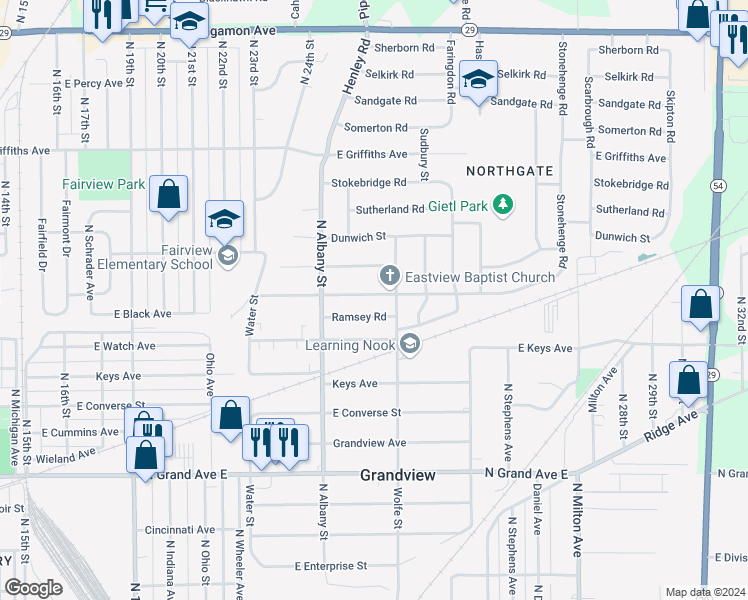 map of restaurants, bars, coffee shops, grocery stores, and more near 2260 East Black Avenue in Springfield