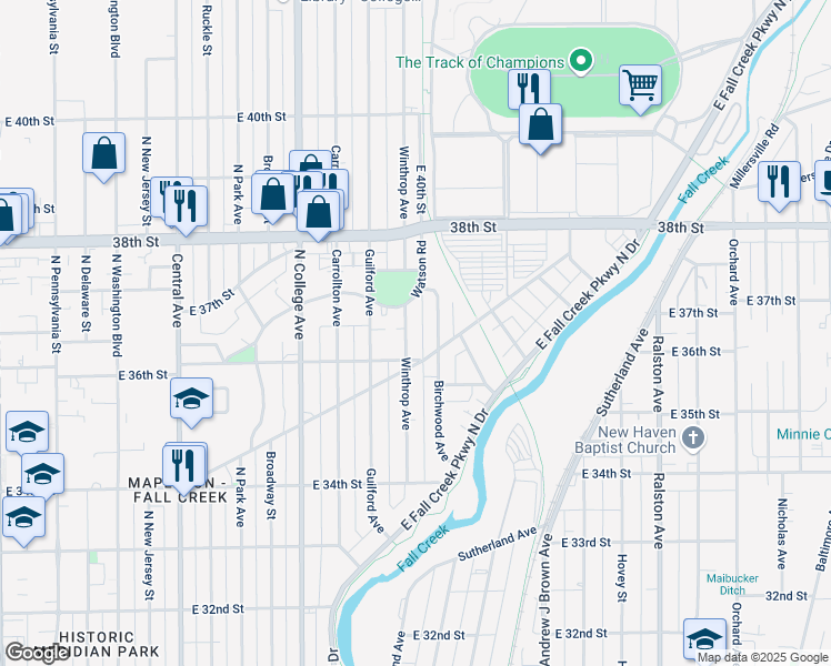 map of restaurants, bars, coffee shops, grocery stores, and more near 3621 Winthrop Avenue in Indianapolis