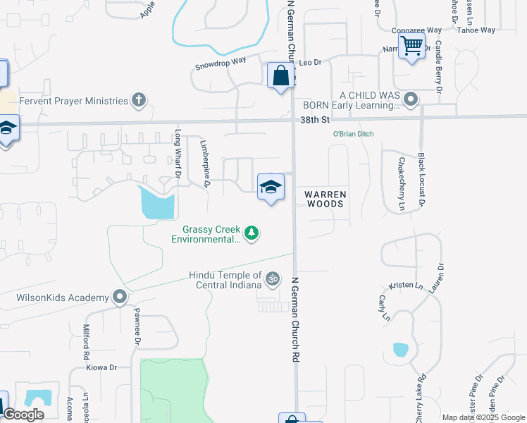map of restaurants, bars, coffee shops, grocery stores, and more near 3600 North German Church Road in Indianapolis