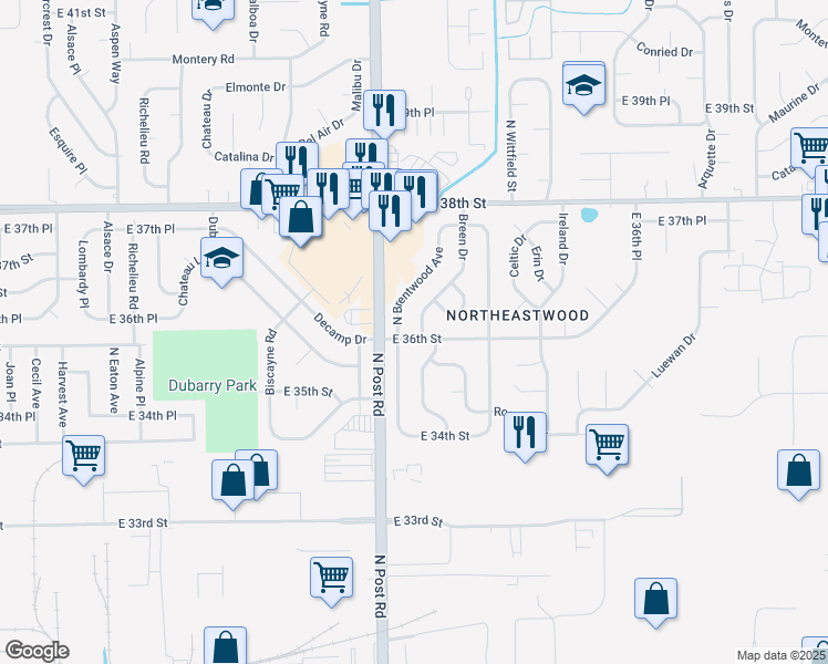 map of restaurants, bars, coffee shops, grocery stores, and more near 9030 East 36th Street in Indianapolis
