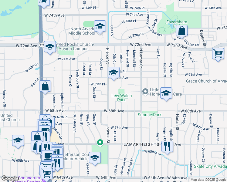 map of restaurants, bars, coffee shops, grocery stores, and more near 6908 Otis Court in Arvada